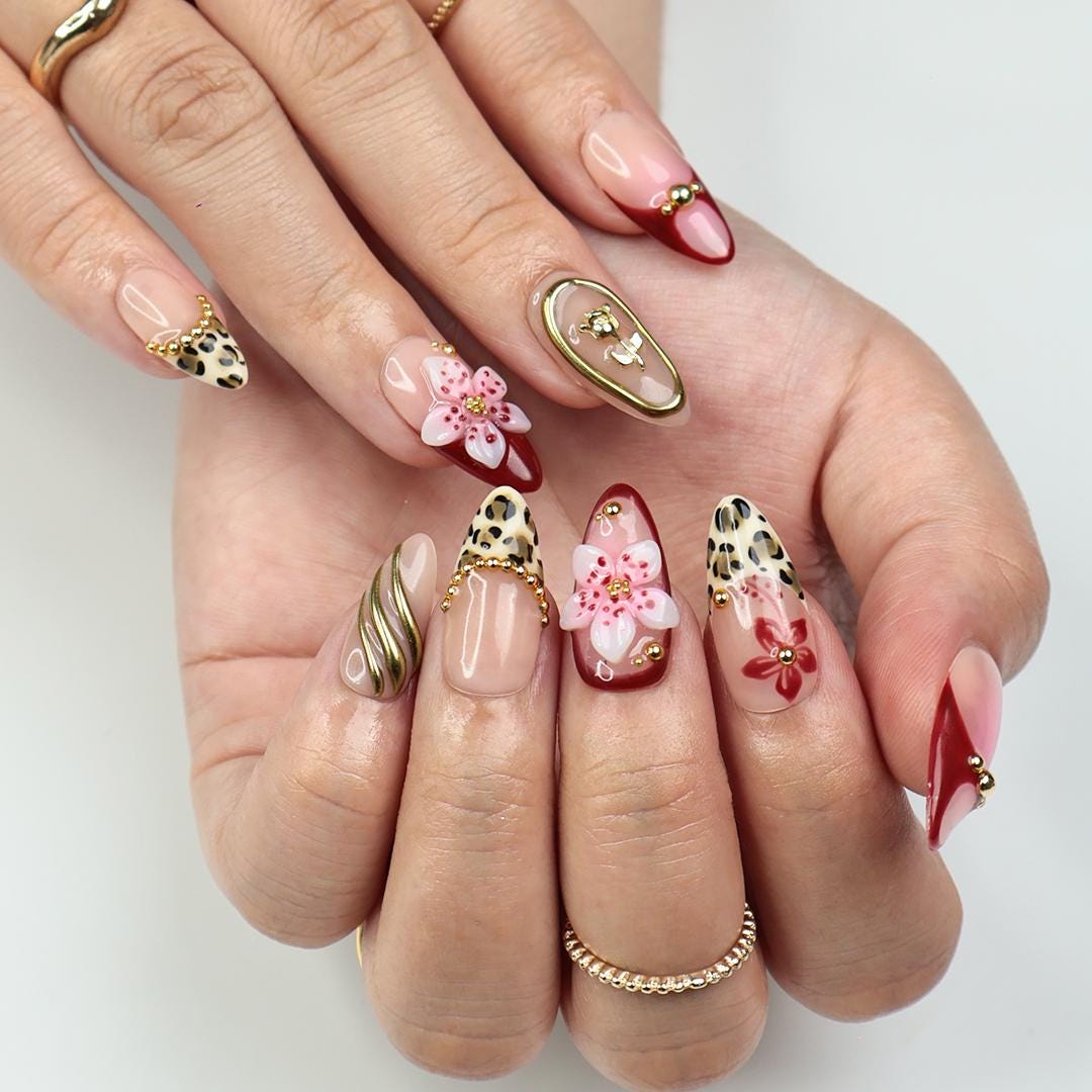 Vacation Press On Nails with Leopard Print and 3D Flowers, Red and Gold Long Fake Nails for Beach Holiday or Tropical Summer Look