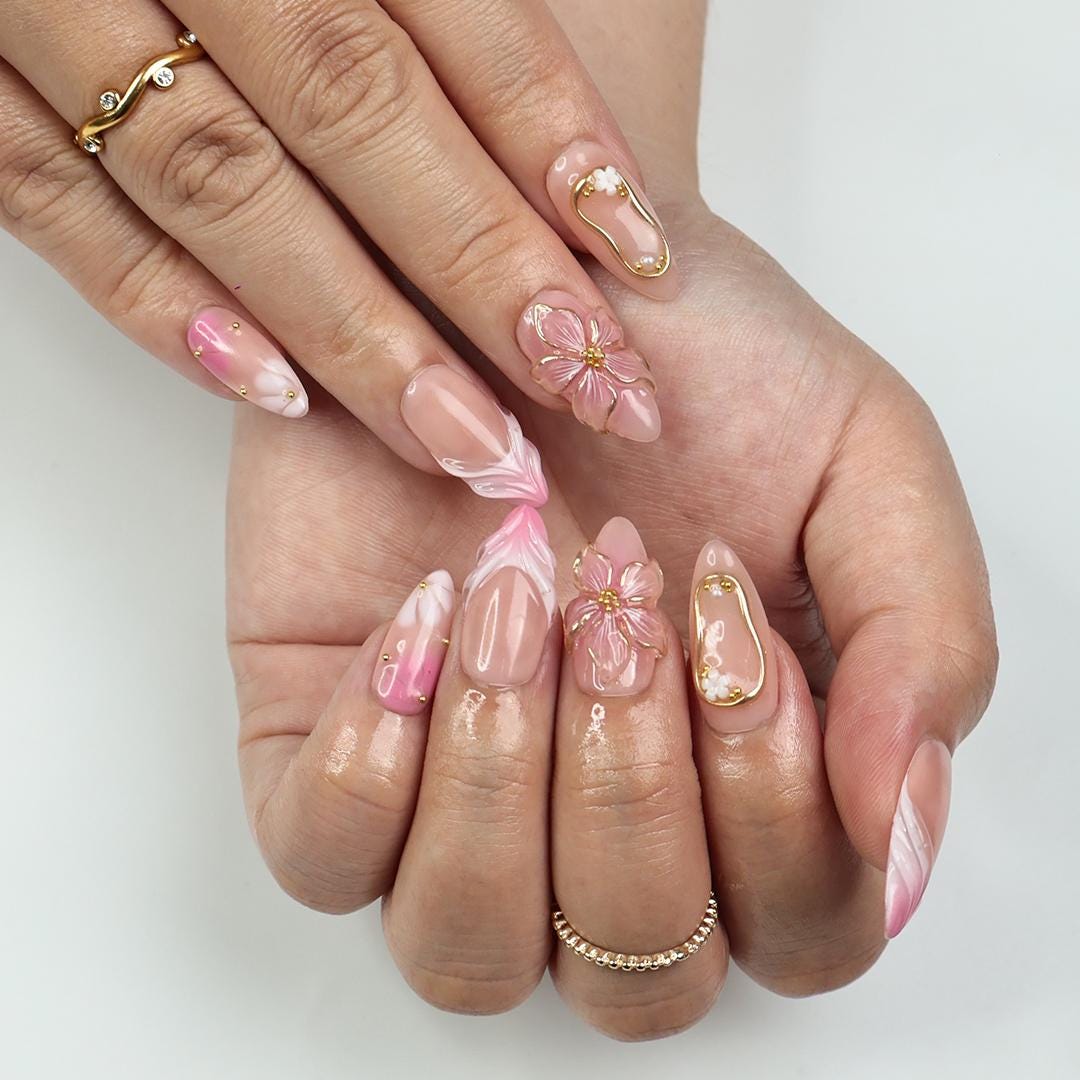 Blush Bloom Elegance Press On Nails with 3D Floral Accents, Gold Details & Pink Ombre, Suitable for Wedding, Events or Gift for Her