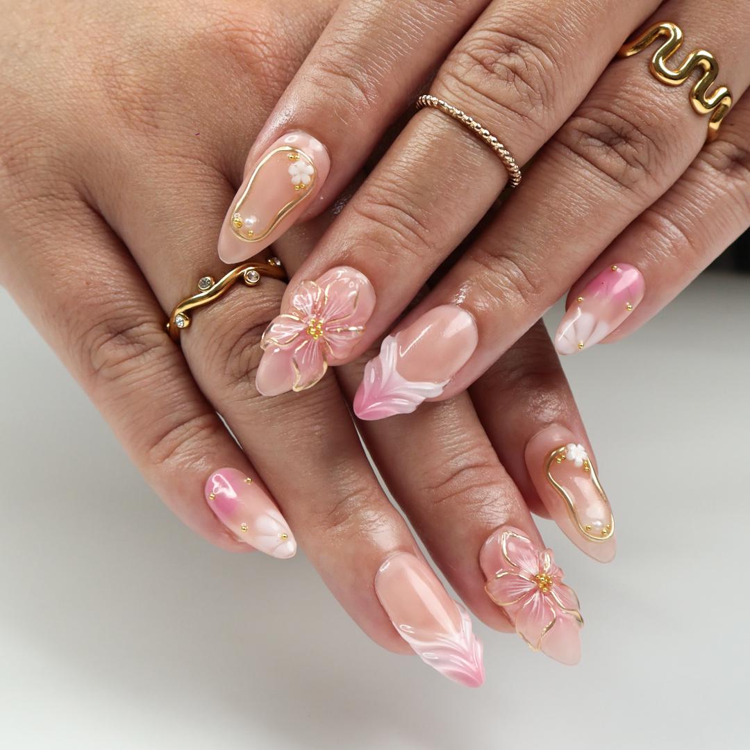 Blush Bloom Elegance Press On Nails with 3D Floral Accents, Gold Details & Pink Ombre, Suitable for Wedding, Events or Gift for Her