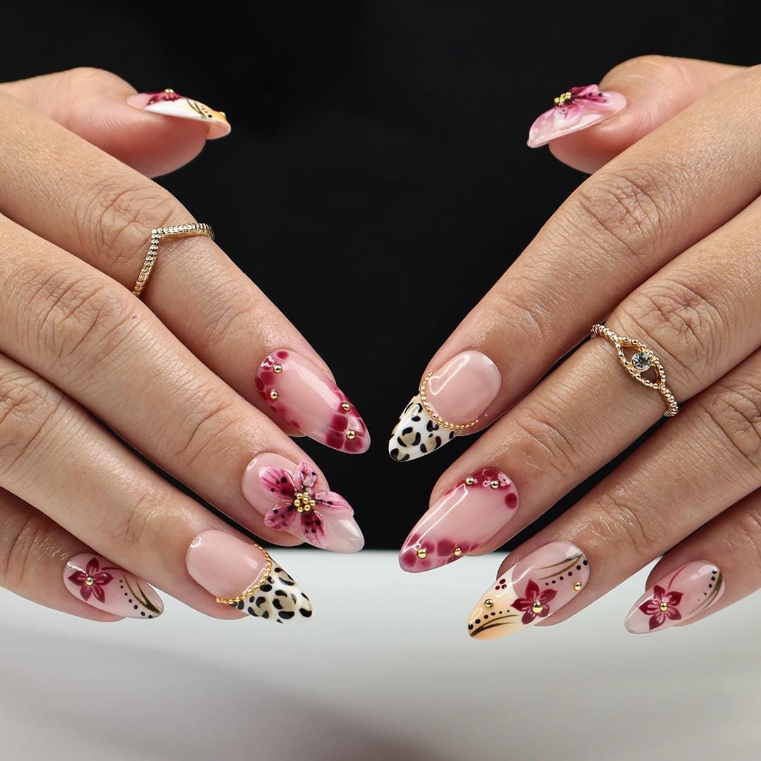 Spring 3D Sakura Press On Nails with Leopard French Tip | Handmade Pink Floral Nails in Medium Almond | Holiday, Vacation, Birthday Nail Set