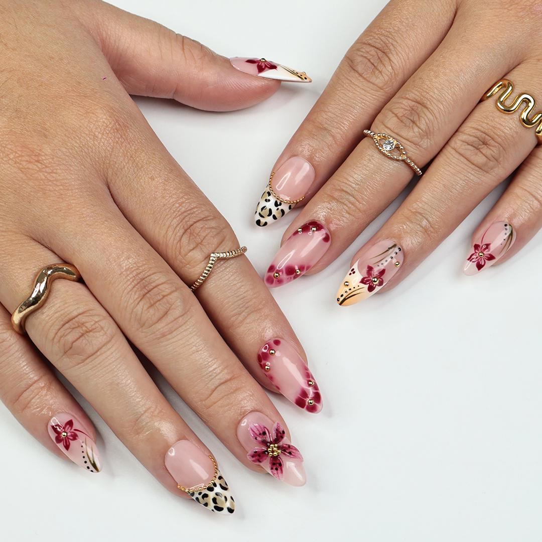 Spring 3D Sakura Press On Nails with Leopard French Tip | Handmade Pink Floral Nails in Medium Almond | Holiday, Vacation, Birthday Nail Set