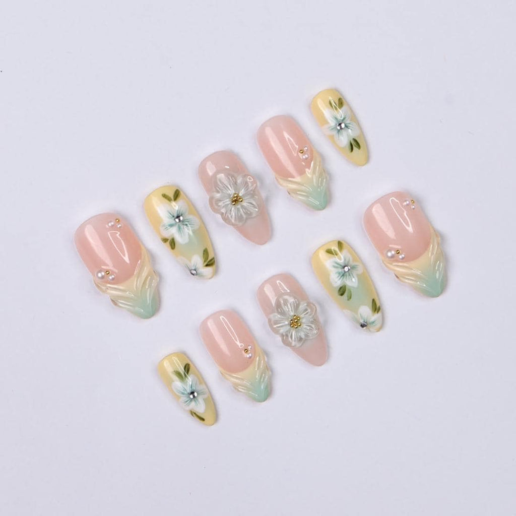 Pastel Floral Press On Nails with 3D White Flowers, Pearls, Yellow & Green Almond Nails, Perfect for Birthday, Vacation Or Gift For Her