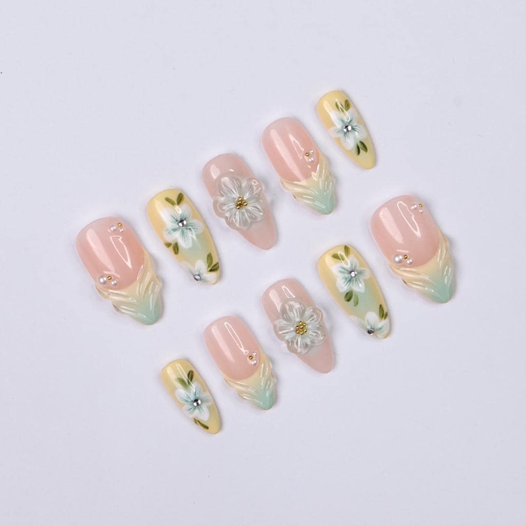 Pastel Floral Press On Nails with 3D White Flowers, Pearls, Yellow & Green Almond Nails, Perfect for Birthday, Vacation Or Gift For Her
