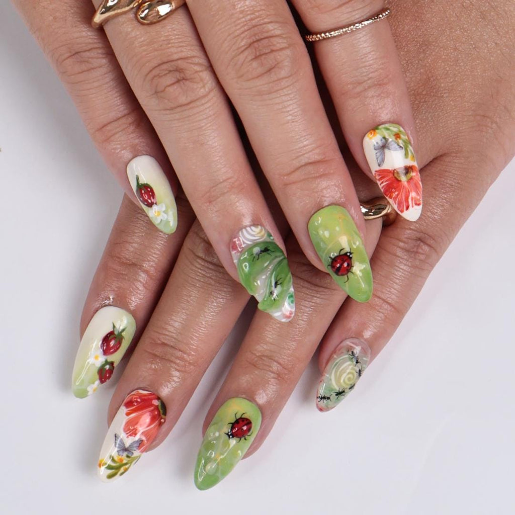 Whimsical Nature Press On Nails with Bugs, Strawberries, Flowers, Handmade Almond Nails, Perfect for a Unique Spring Manicure & Gift for Her
