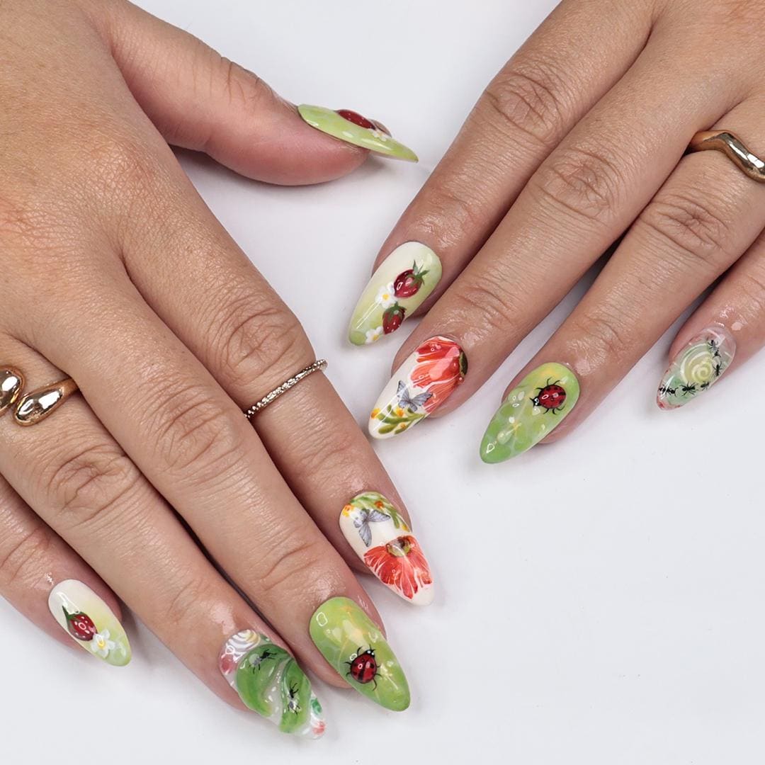 Whimsical Nature Press On Nails with Bugs, Strawberries, Flowers, Handmade Almond Nails, Perfect for a Unique Spring Manicure & Gift for Her