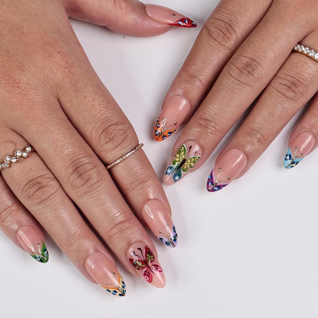 Butterfly Press On Nails, Medium Almond with Colorful Wings, Gold Accents & Nude Base, Perfect for Spring Manicure, Birthday or Gift for Her