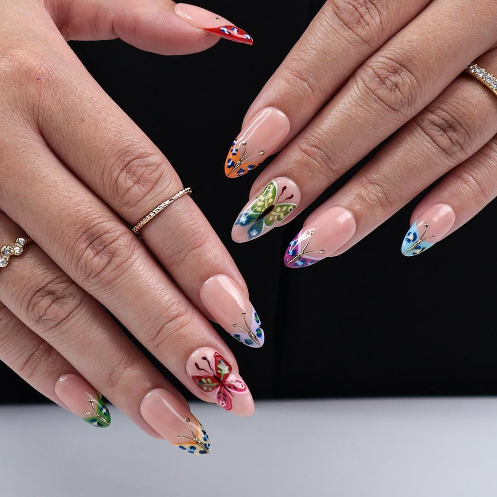 Butterfly Press On Nails, Medium Almond with Colorful Wings, Gold Accents & Nude Base, Perfect for Spring Manicure, Birthday or Gift for Her