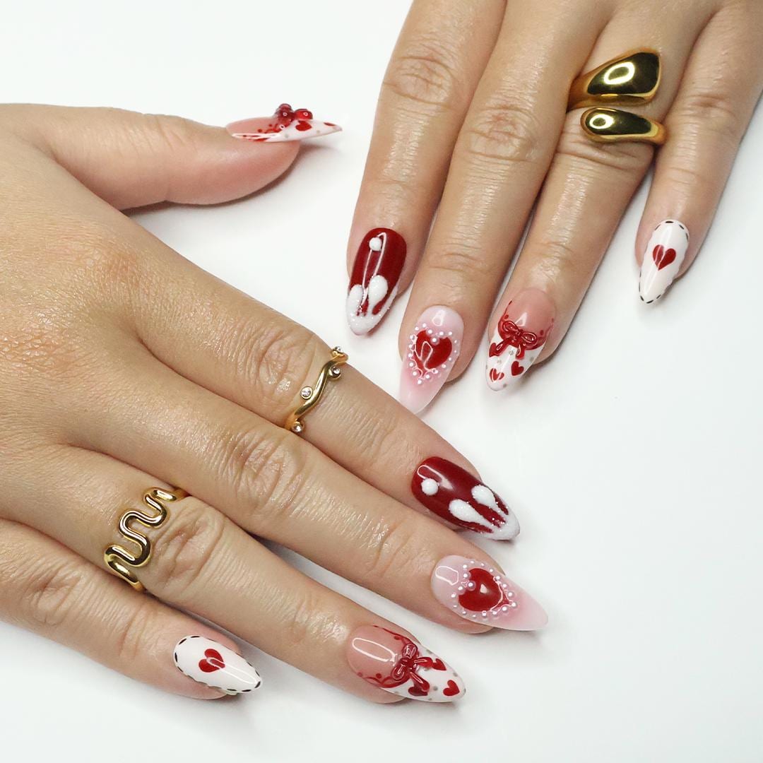 Press On Nail Valentine with Heart | Bow & Pearl Fake Nail in Medium Almond | Handmade Valentine Nail Art for Holiday, Anniversary, Birthday