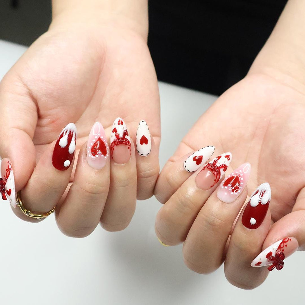 Press On Nail Valentine with Heart | Bow & Pearl Fake Nail in Medium Almond | Handmade Valentine Nail Art for Holiday, Anniversary, Birthday