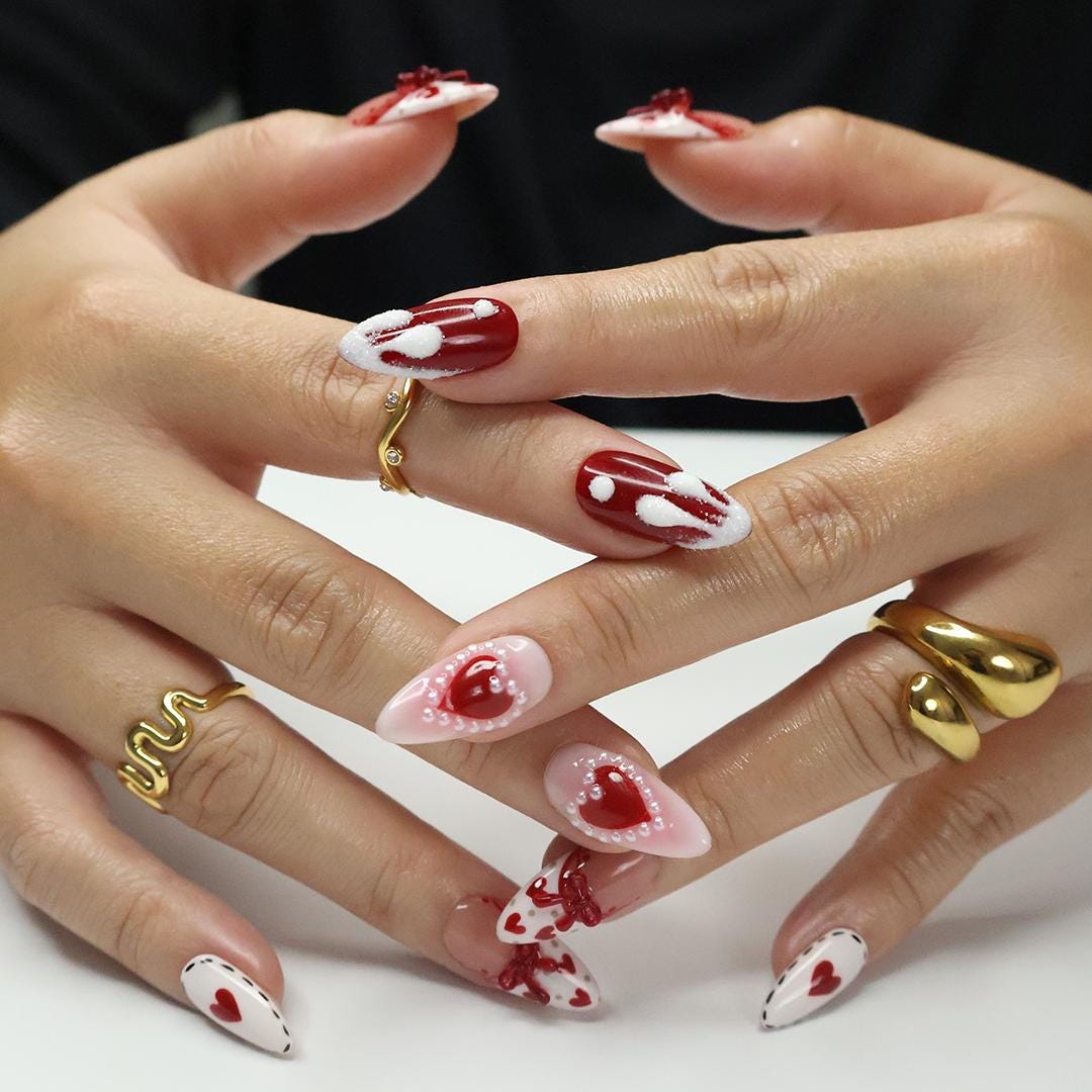 Press On Nail Valentine with Heart | Bow & Pearl Fake Nail in Medium Almond | Handmade Valentine Nail Art for Holiday, Anniversary, Birthday