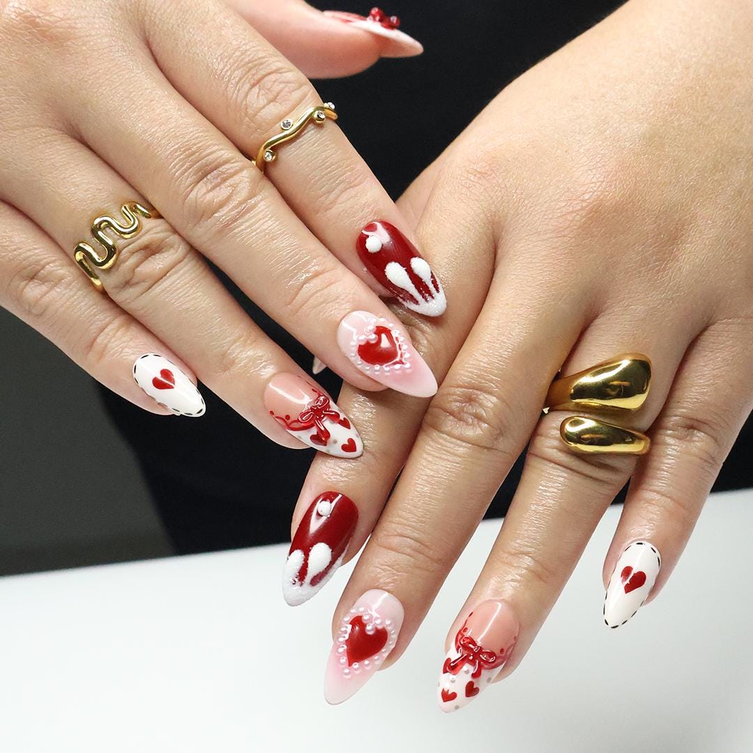 Press On Nail Valentine with Heart | Bow & Pearl Fake Nail in Medium Almond | Handmade Valentine Nail Art for Holiday, Anniversary, Birthday