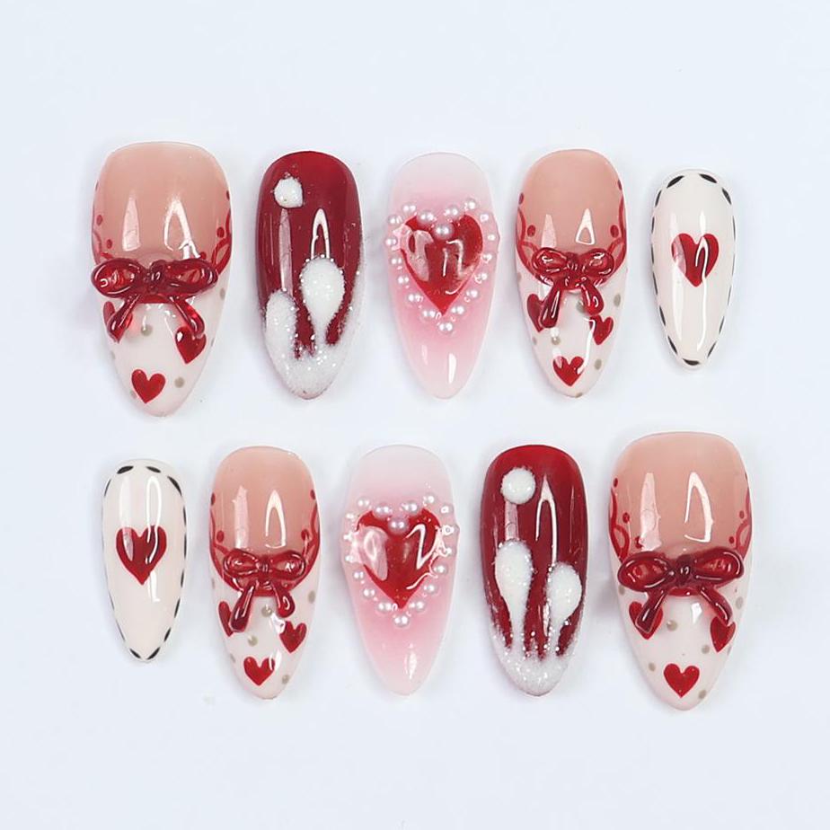Press On Nail Valentine with Heart | Bow & Pearl Fake Nail in Medium Almond | Handmade Valentine Nail Art for Holiday, Anniversary, Birthday