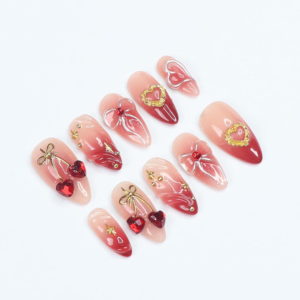Press On Nails Cupid's Kiss with Gold Heart | 3D Bow & Gem Fake Nail in Medium Almond | Handmade Nail Art for Holiday, Anniversary, Birthday