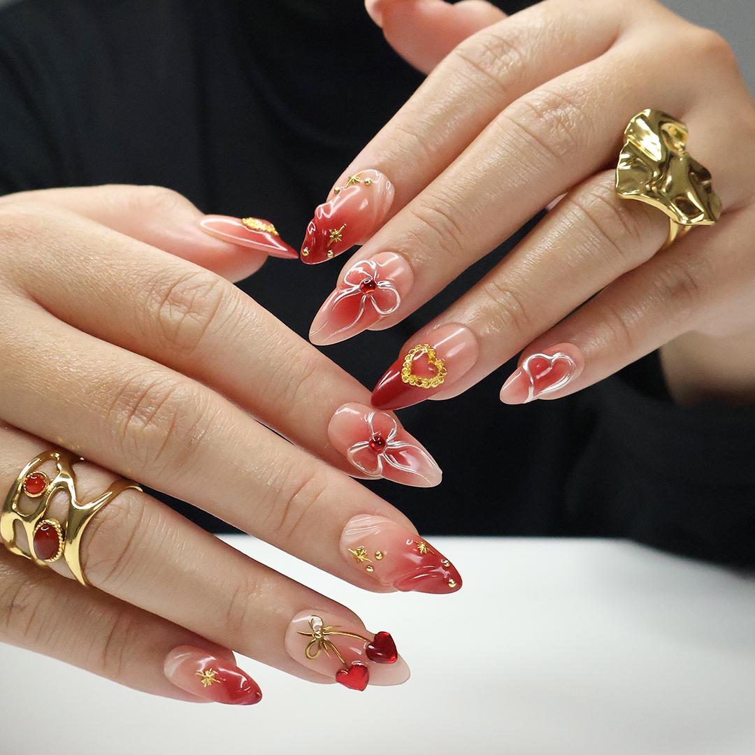 Press On Nails Cupid's Kiss with Gold Heart | 3D Bow & Gem Fake Nail in Medium Almond | Handmade Nail Art for Holiday, Anniversary, Birthday