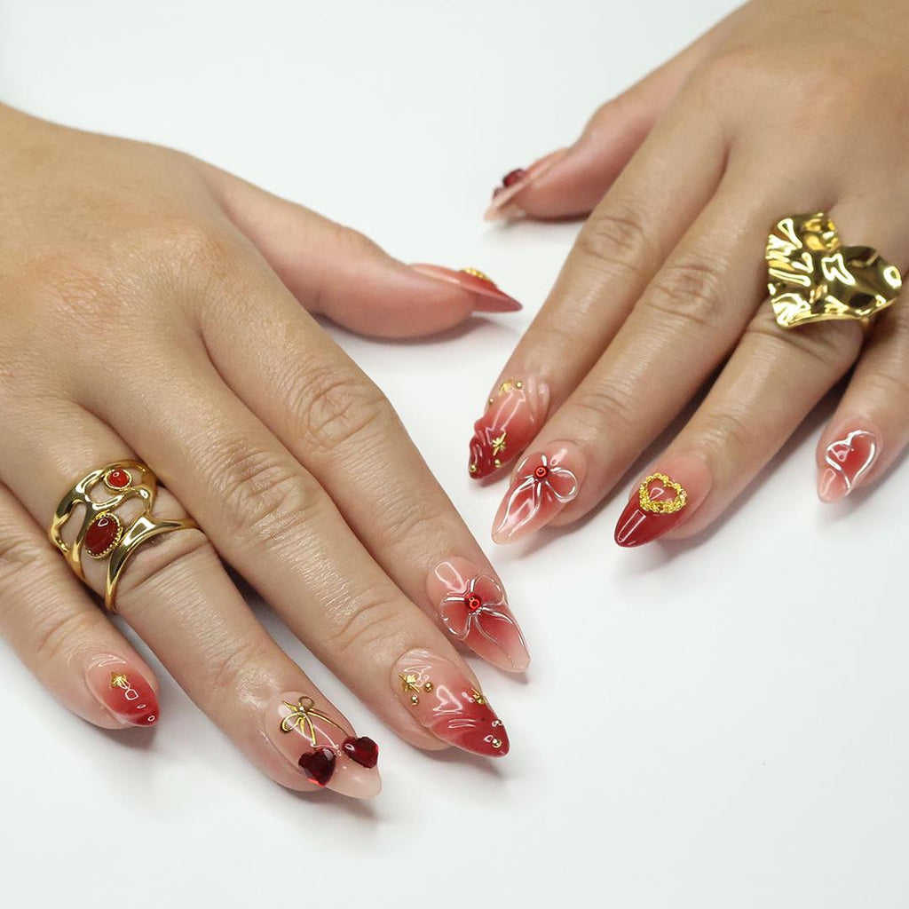 Press On Nails Cupid's Kiss with Gold Heart | 3D Bow & Gem Fake Nail in Medium Almond | Handmade Nail Art for Holiday, Anniversary, Birthday