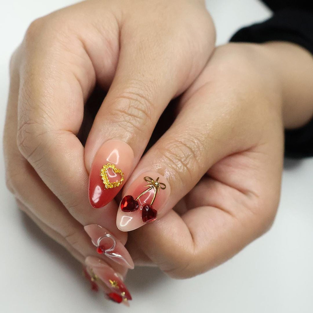 Press On Nails Cupid's Kiss with Gold Heart | 3D Bow & Gem Fake Nail in Medium Almond | Handmade Nail Art for Holiday, Anniversary, Birthday