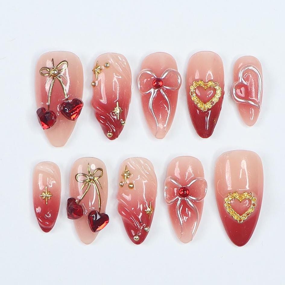 Press On Nails Cupid's Kiss with Gold Heart | 3D Bow & Gem Fake Nail in Medium Almond | Handmade Nail Art for Holiday, Anniversary, Birthday