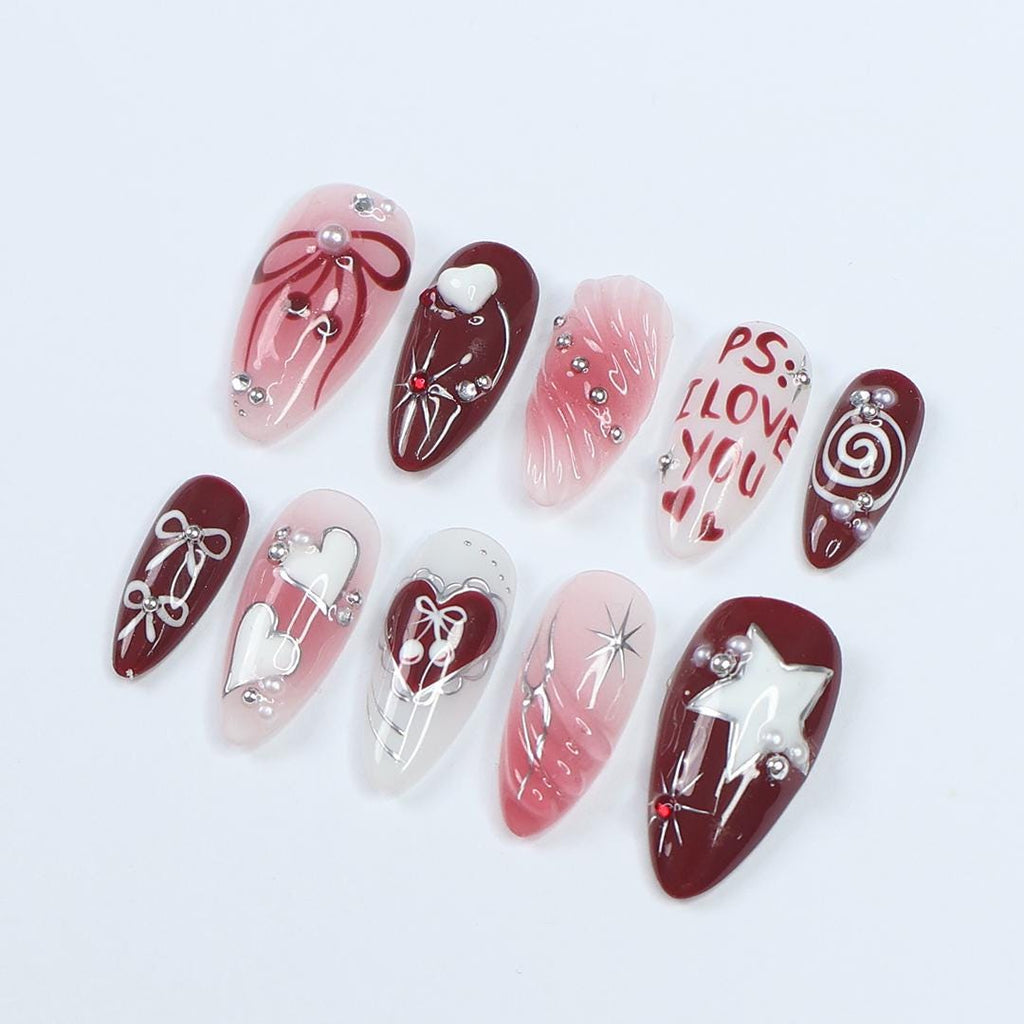 Press On Nails PS: I Love You with Pearl & Star | 3D Heart and Bow Fake Almond Nails | Handmade Nail Art for Holiday, Anniversary, Birthday