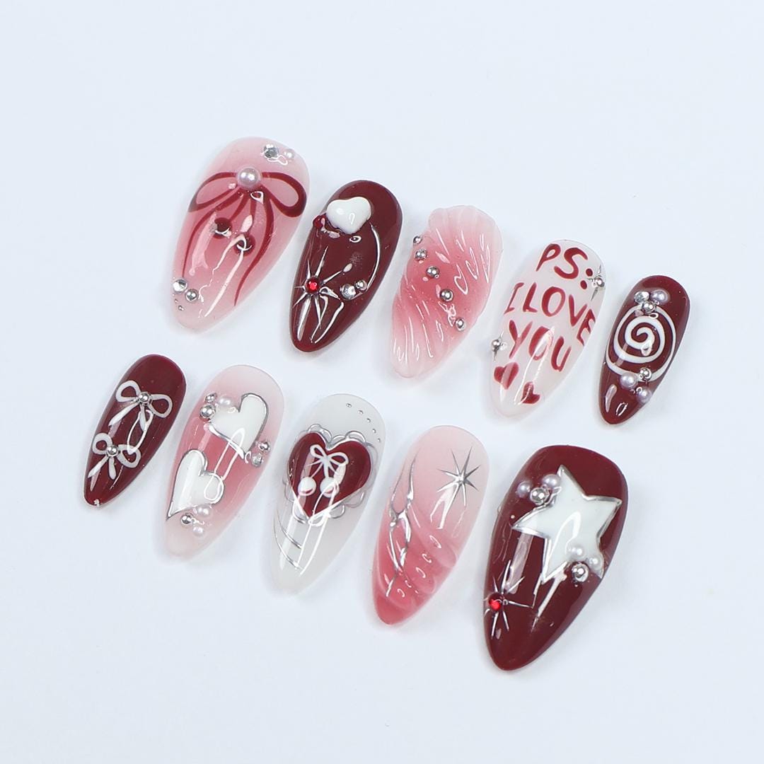 Press On Nails PS: I Love You with Pearl & Star | 3D Heart and Bow Fake Almond Nails | Handmade Nail Art for Holiday, Anniversary, Birthday