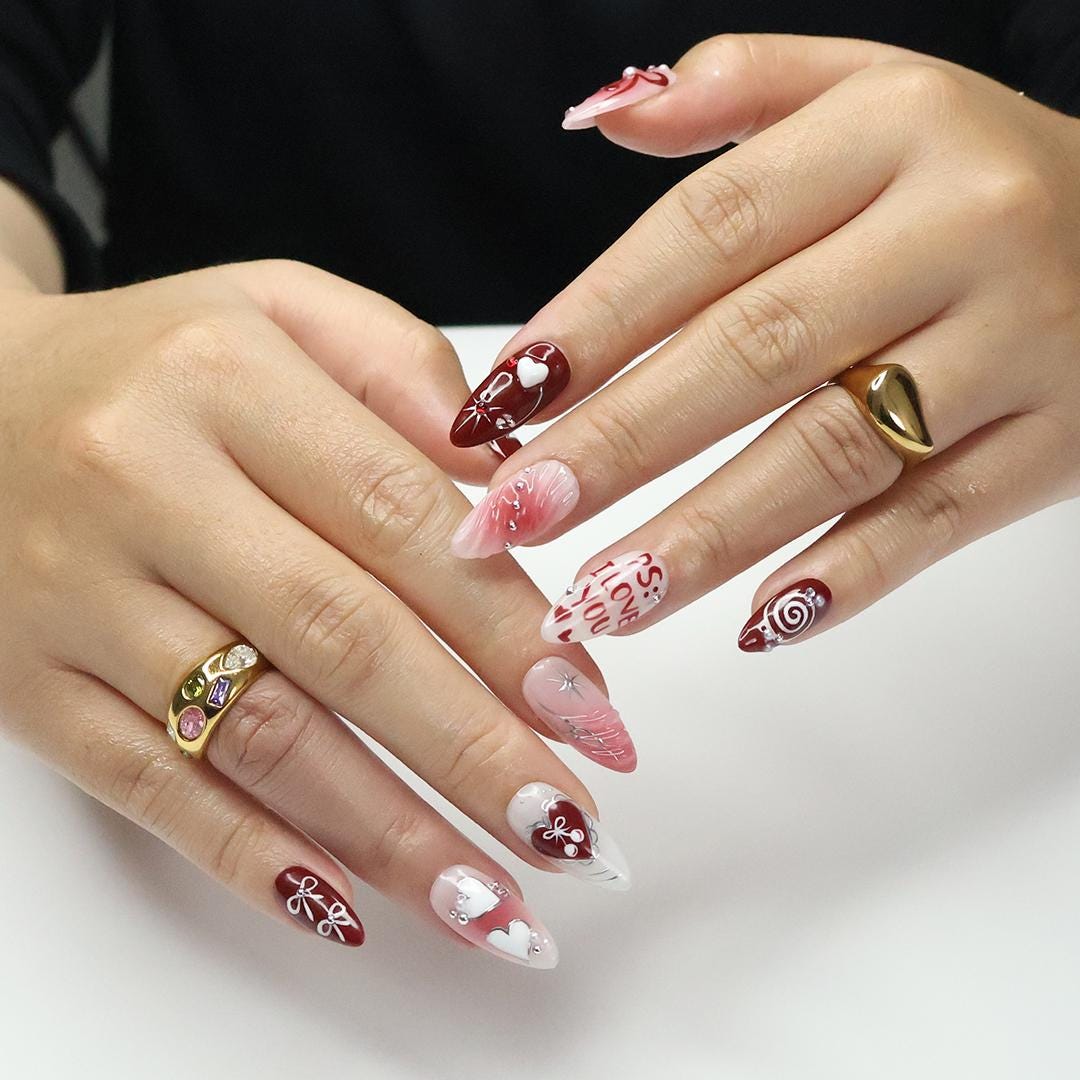 Press On Nails PS: I Love You with Pearl & Star | 3D Heart and Bow Fake Almond Nails | Handmade Nail Art for Holiday, Anniversary, Birthday