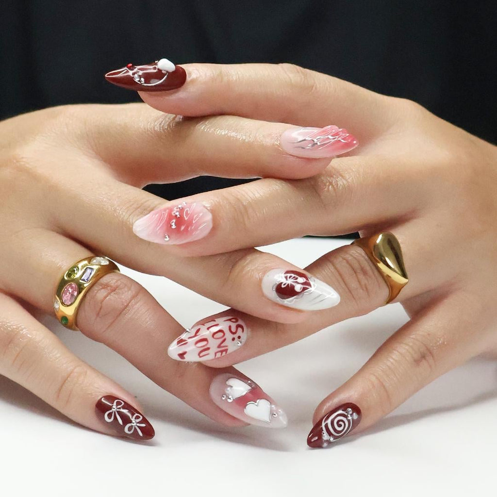 Press On Nails PS: I Love You with Pearl & Star | 3D Heart and Bow Fake Almond Nails | Handmade Nail Art for Holiday, Anniversary, Birthday