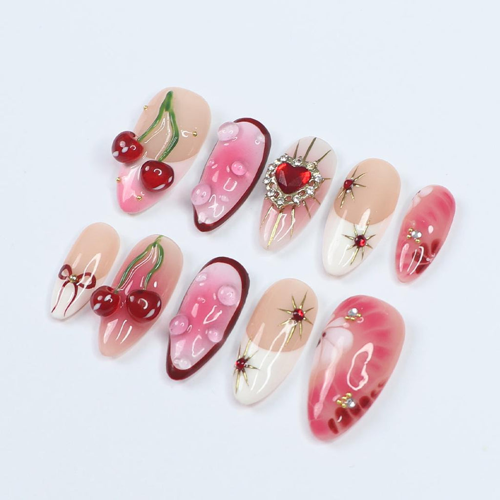 Press On Nails Golden Cupid with Cherry Charms | 3D Heart & Jewel Nails in Medium Almond | Handmade Romantic Nail Art for Holiday, Birthday