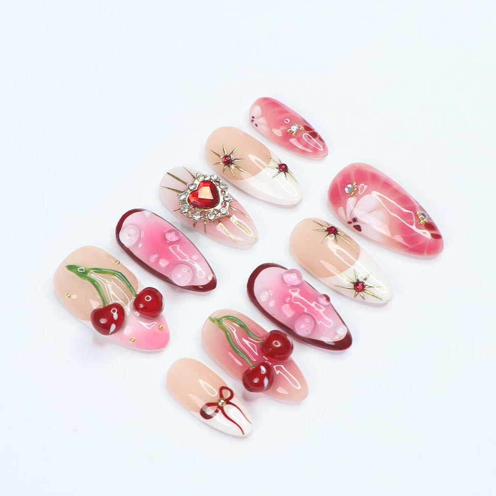 Press On Nails Golden Cupid with Cherry Charms | 3D Heart & Jewel Nails in Medium Almond | Handmade Romantic Nail Art for Holiday, Birthday
