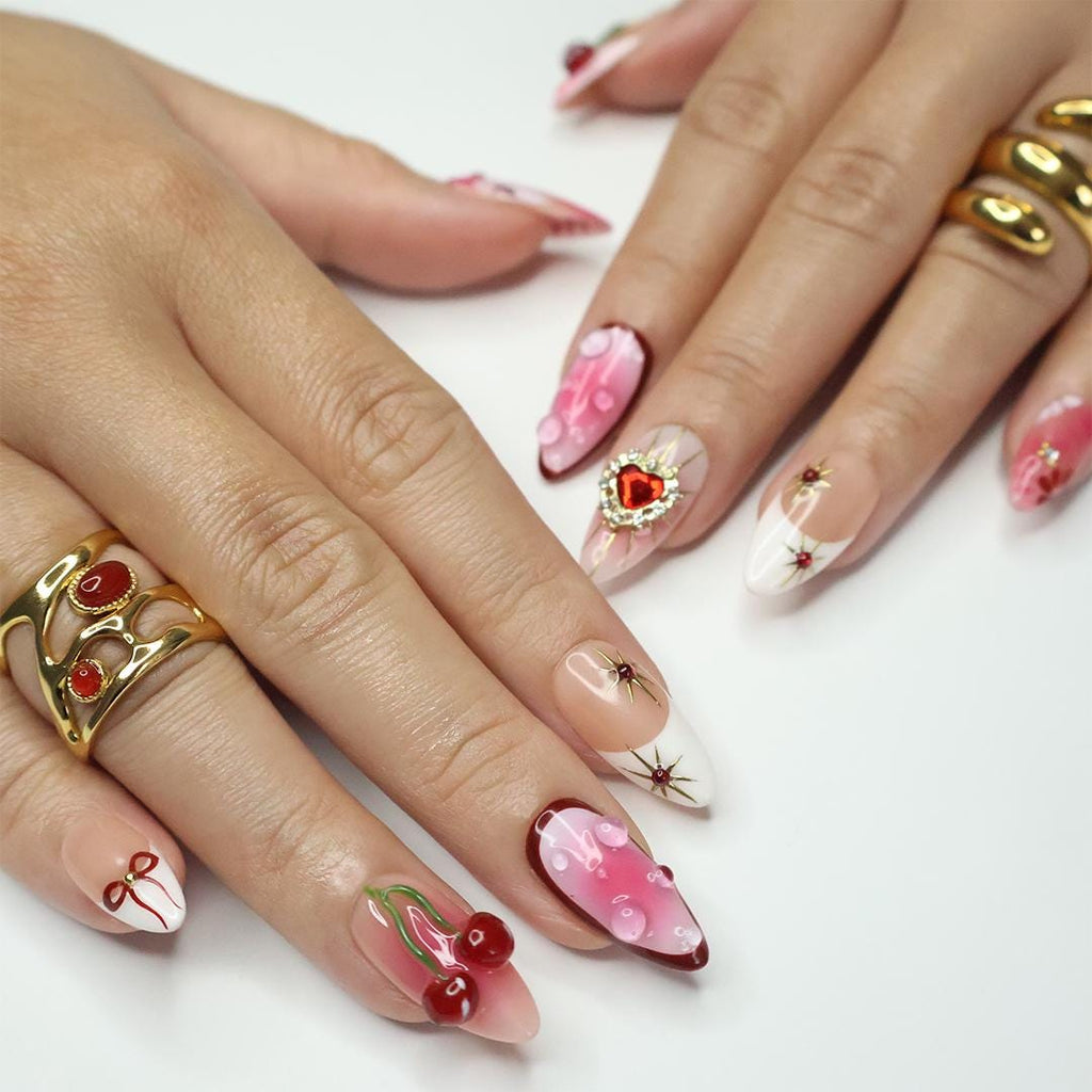 Press On Nails Golden Cupid with Cherry Charms | 3D Heart & Jewel Nails in Medium Almond | Handmade Romantic Nail Art for Holiday, Birthday