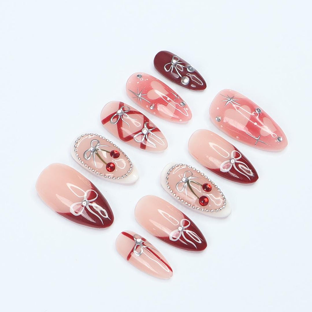 Press On Nails Cherry Charm with Silver Bows | 3D Pearl & Heart Nail Art in Medium Almond | Handmade Elegant Nail Art for Holiday, Birthday