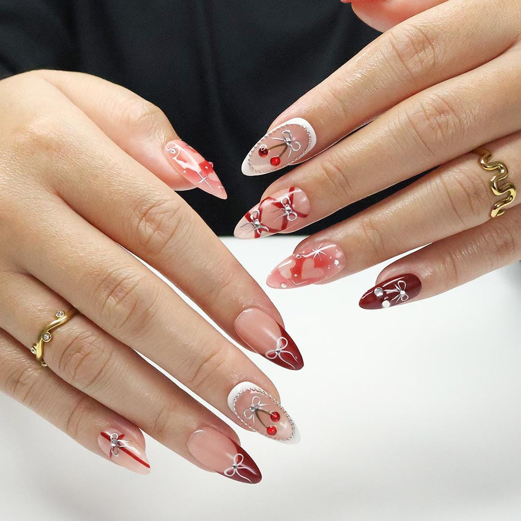 Press On Nails Cherry Charm with Silver Bows | 3D Pearl & Heart Nail Art in Medium Almond | Handmade Elegant Nail Art for Holiday, Birthday