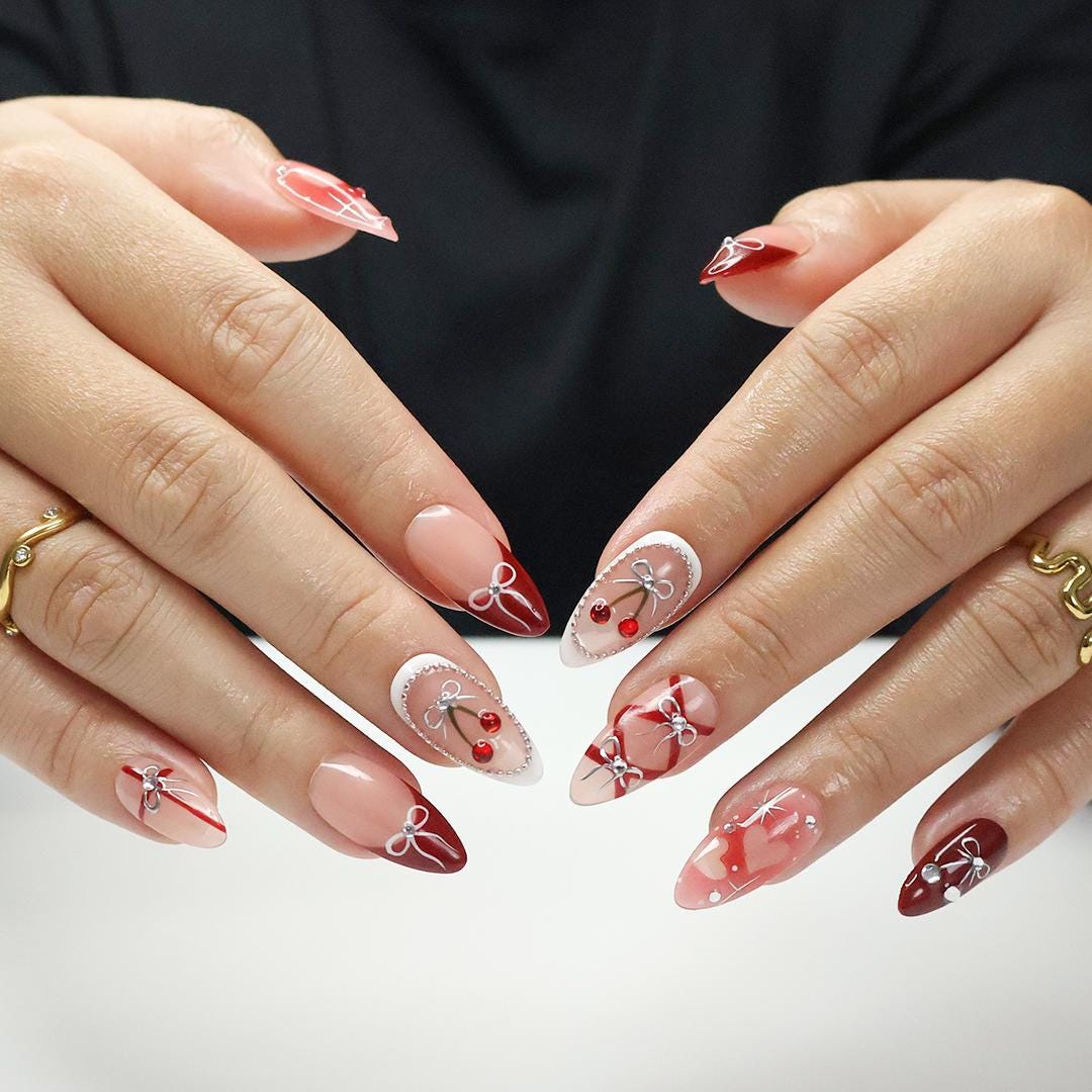 Press On Nails Cherry Charm with Silver Bows | 3D Pearl & Heart Nail Art in Medium Almond | Handmade Elegant Nail Art for Holiday, Birthday