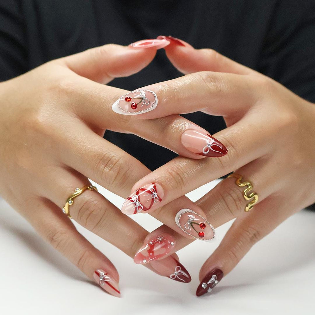 Press On Nails Cherry Charm with Silver Bows | 3D Pearl & Heart Nail Art in Medium Almond | Handmade Elegant Nail Art for Holiday, Birthday