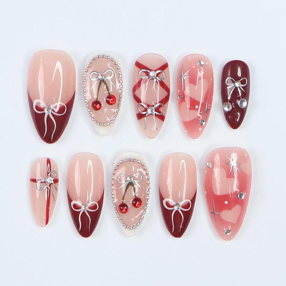 Press On Nails Cherry Charm with Silver Bows | 3D Pearl & Heart Nail Art in Medium Almond | Handmade Elegant Nail Art for Holiday, Birthday