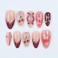 Press On Nails Cherry Charm with Silver Bows | 3D Pearl & Heart Nail Art in Medium Almond | Handmade Elegant Nail Art for Holiday, Birthday