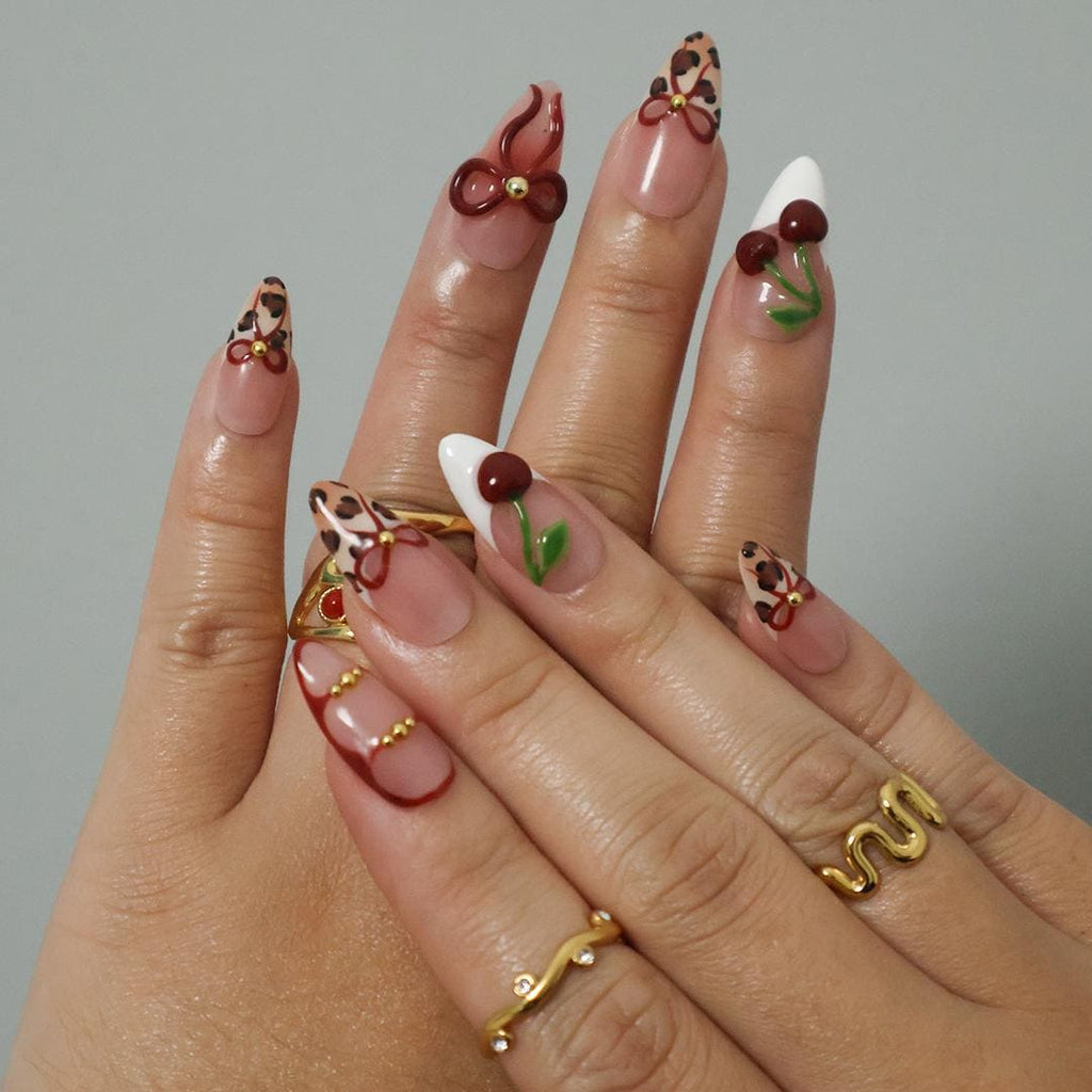 Press On Nails Wild Cherry Leopard | 3D Bow & Cherry Accents in Medium Almond | Handmade Bold Nail Art for Holiday, Party, Birthday