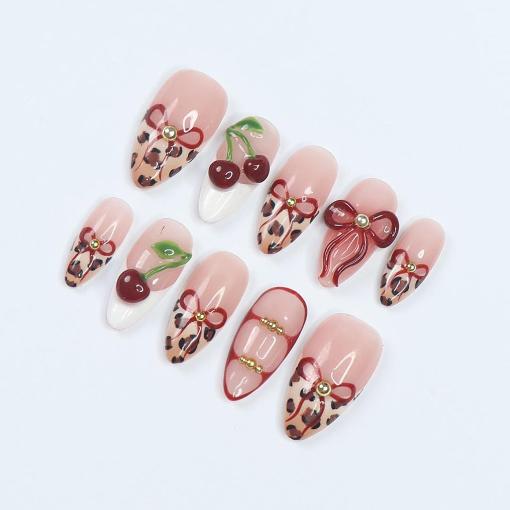 Press On Nails Wild Cherry Leopard | 3D Bow & Cherry Accents in Medium Almond | Handmade Bold Nail Art for Holiday, Party, Birthday