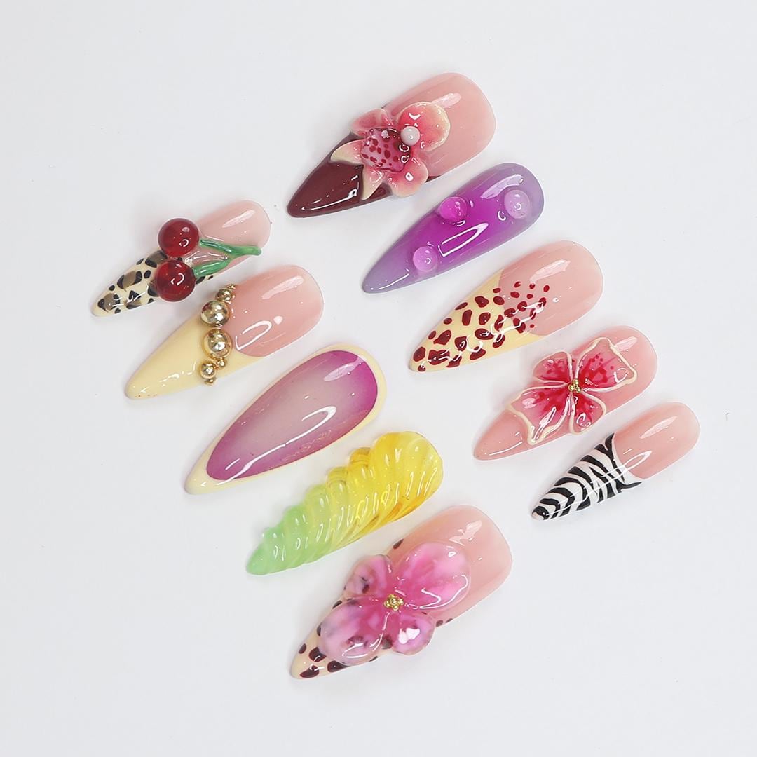 Press On Nails Tropical with Leopard & Floral | 3D Flower and Cherry Art in Long Almond | Handmade Nail Art for Holiday, Party, Vacation