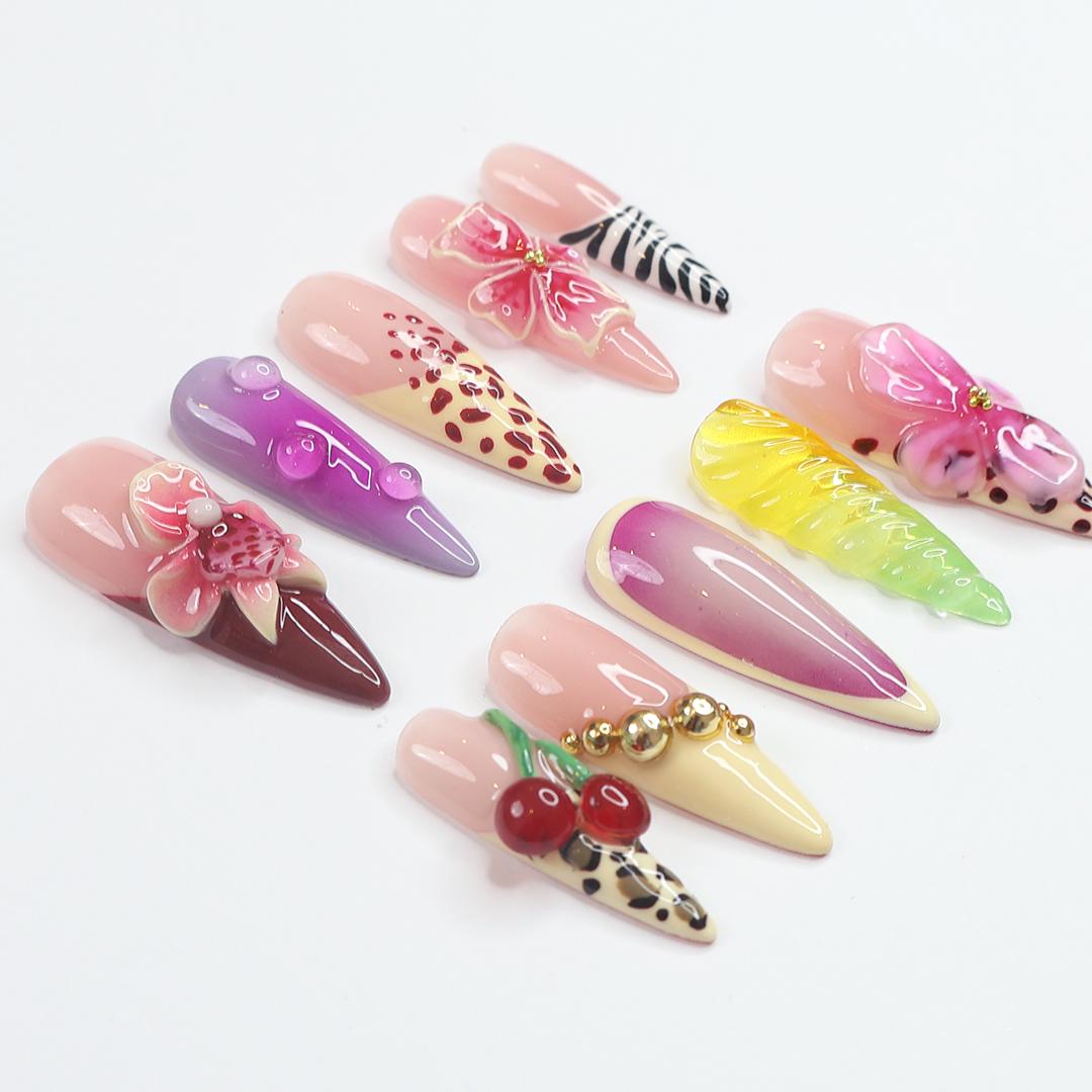 Press On Nails Tropical with Leopard & Floral | 3D Flower and Cherry Art in Long Almond | Handmade Nail Art for Holiday, Party, Vacation