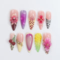 Press On Nails Tropical with Leopard & Floral | 3D Flower and Cherry Art in Long Almond | Handmade Nail Art for Holiday, Party, Vacation