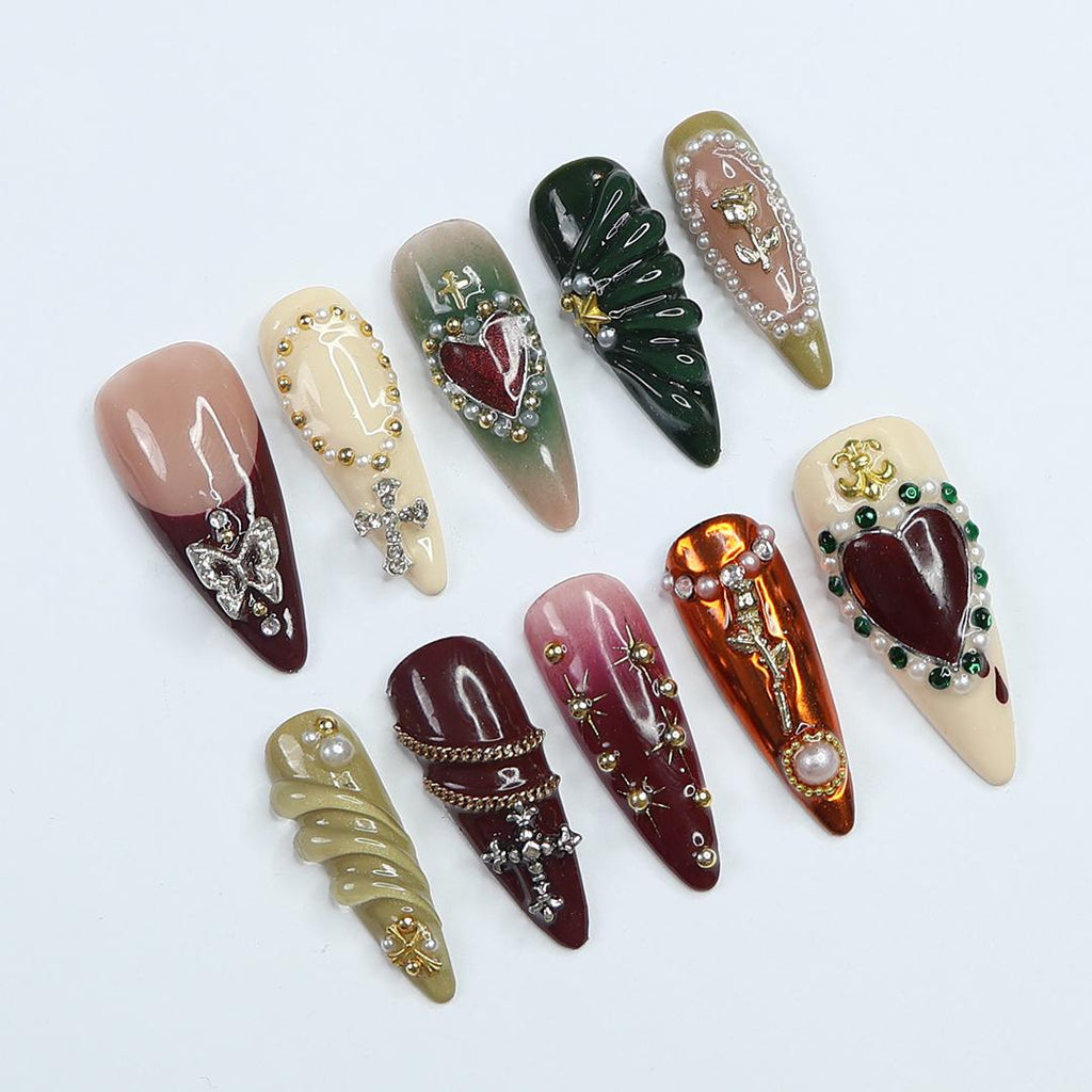Press On Nails Burgundy Heart with Pearl & Gold Crosses | Rose Fake Nails in Long Almond | Handmade Gothic Nail Art for Holiday, Birthday