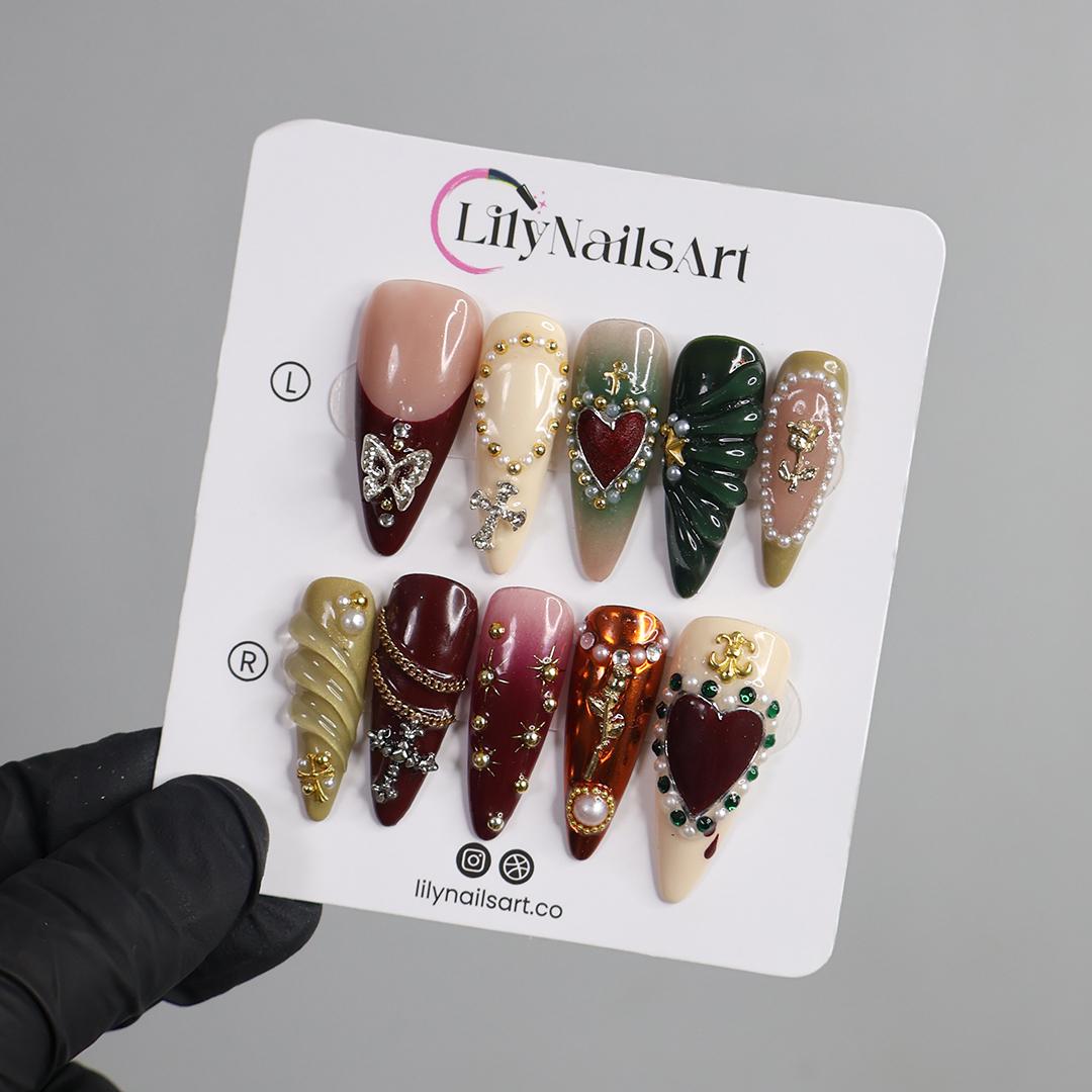 Press On Nails Burgundy Heart with Pearl & Gold Crosses | Rose Fake Nails in Long Almond | Handmade Gothic Nail Art for Holiday, Birthday