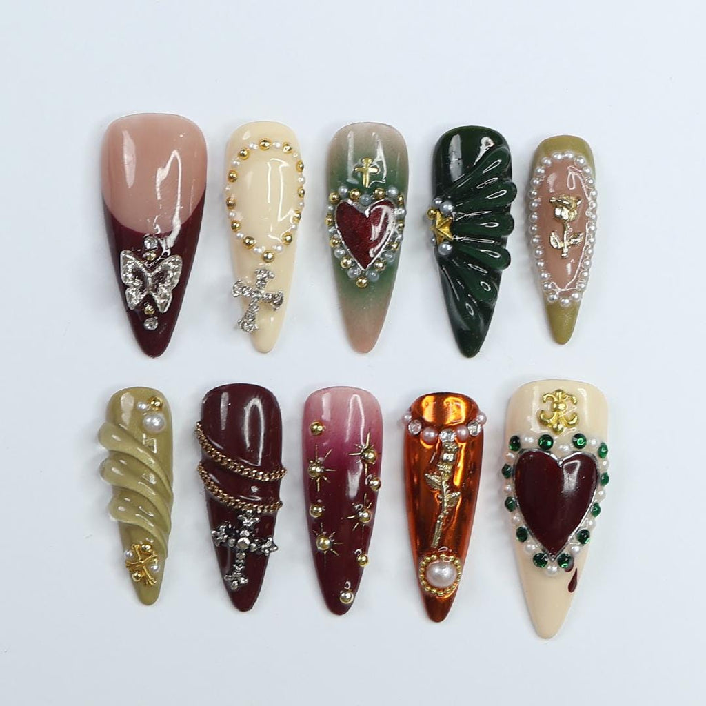 Press On Nails Burgundy Heart with Pearl & Gold Crosses | Rose Fake Nails in Long Almond | Handmade Gothic Nail Art for Holiday, Birthday