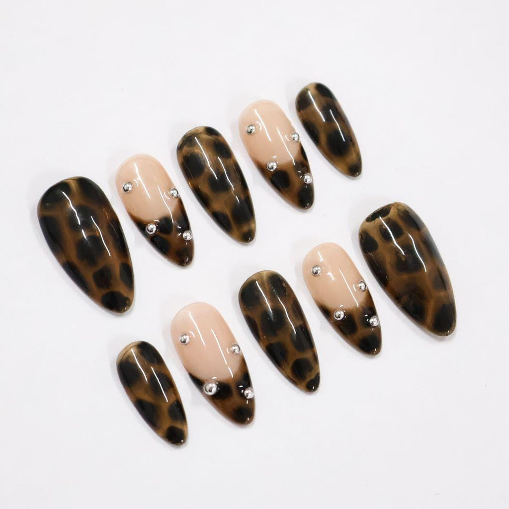 Press On Nails Tortoiseshell with Nude & Silver Accent | Fake Nail in Medium Almond | Handmade Fall Nail Art for Holiday, Vacation, Birthday