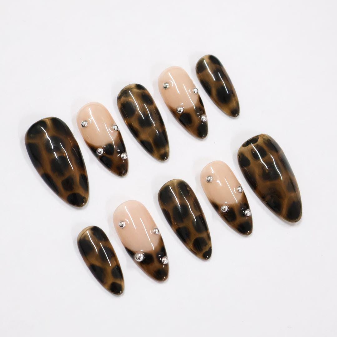 Press On Nails Tortoiseshell with Nude & Silver Accent | Fake Nail in Medium Almond | Handmade Fall Nail Art for Holiday, Vacation, Birthday