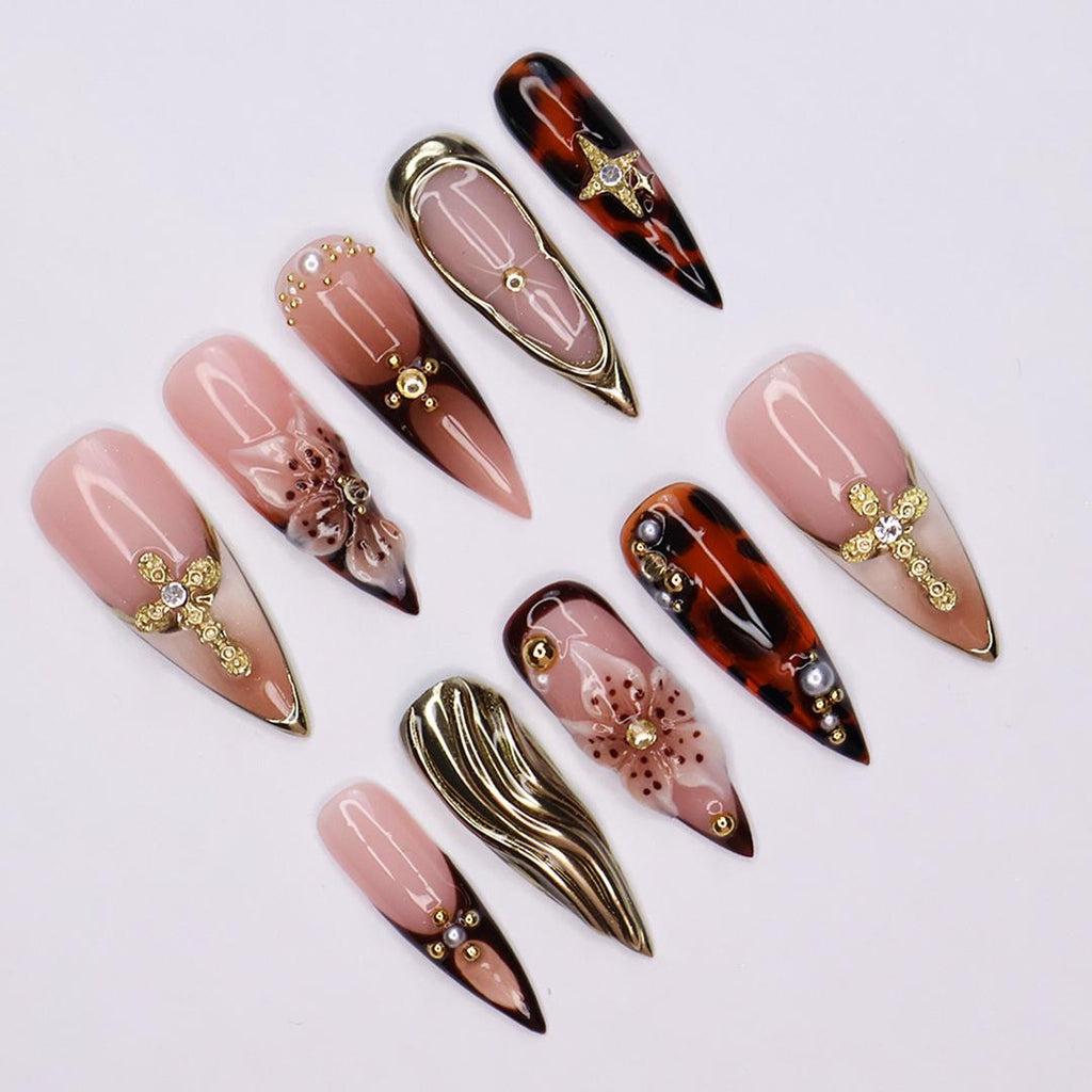 Press On Nail Giltrose Gothic Bloom with Gold Accent | 3D Floral Fake Nail in Long Stiletto | Handmade Nail Art for Party, Holiday, Birthday