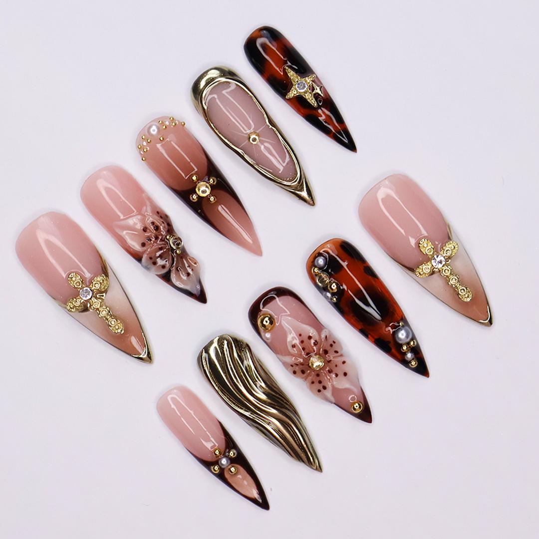 Press On Nail Giltrose Gothic Bloom with Gold Accent | 3D Floral Fake Nail in Long Stiletto | Handmade Nail Art for Party, Holiday, Birthday