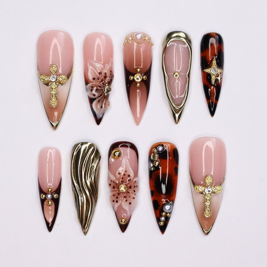 Press On Nail Giltrose Gothic Bloom with Gold Accent | 3D Floral Fake Nail in Long Stiletto | Handmade Nail Art for Party, Holiday, Birthday