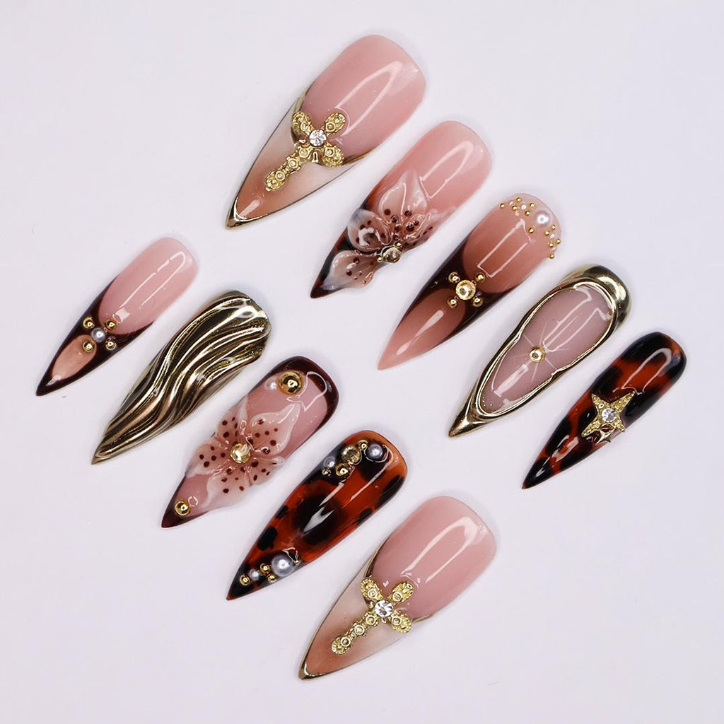 Press On Nail Giltrose Gothic Bloom with Gold Accent | 3D Floral Fake Nail in Long Stiletto | Handmade Nail Art for Party, Holiday, Birthday