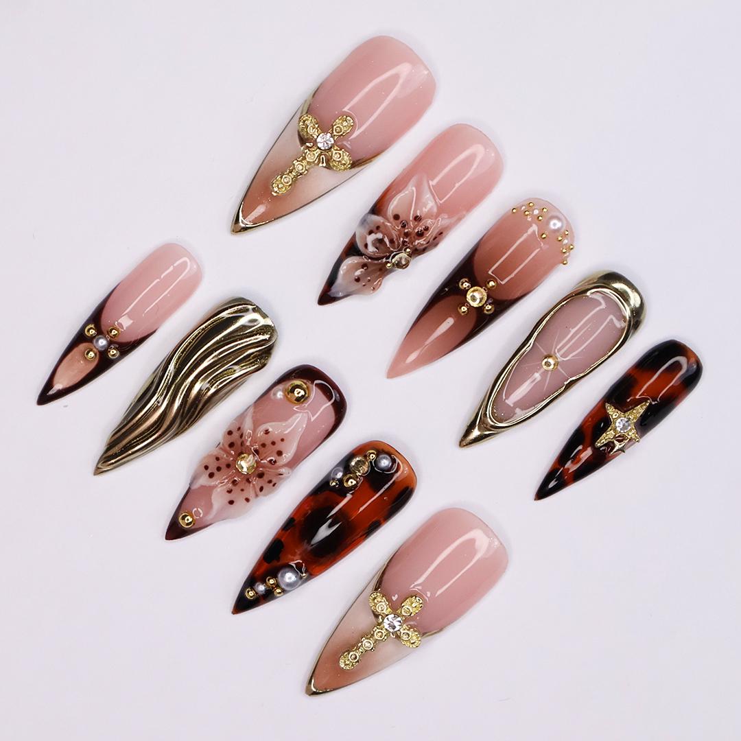 Press On Nail Giltrose Gothic Bloom with Gold Accent | 3D Floral Fake Nail in Long Stiletto | Handmade Nail Art for Party, Holiday, Birthday