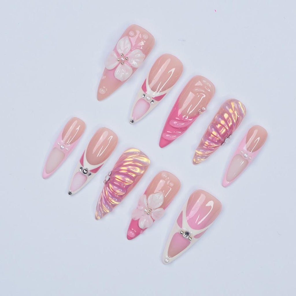 Press On Nails Roselle 3D Flowers & Iridescent Swirls | Pink Floral Fake Nails Long Almond | Handmade Elegant Nail Art for Wedding, Party